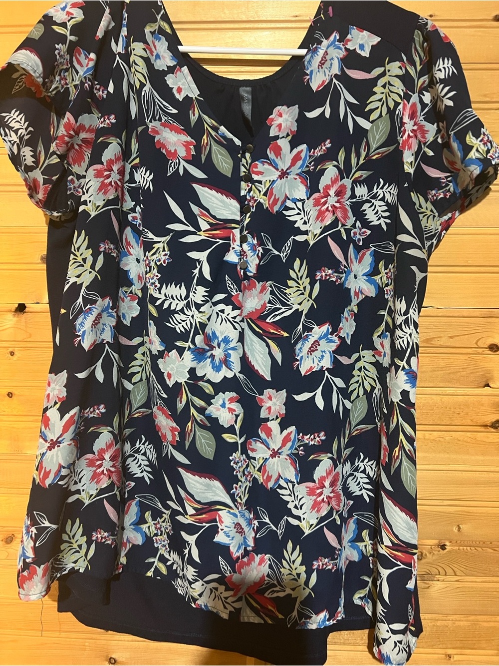 Massini Navy Floral Short-Sleeve Tunic with Multicolor Blooms